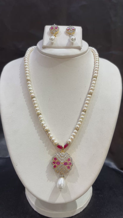 Pink Stone Pearl Pendant Set