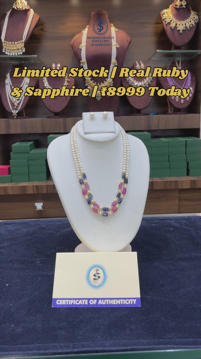 Royal Pearl Necklace Set with Real Ruby & Sapphire
