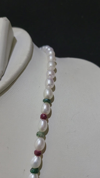 Premium Real Pearls Necklace | White Pearls & Red-Green Beads