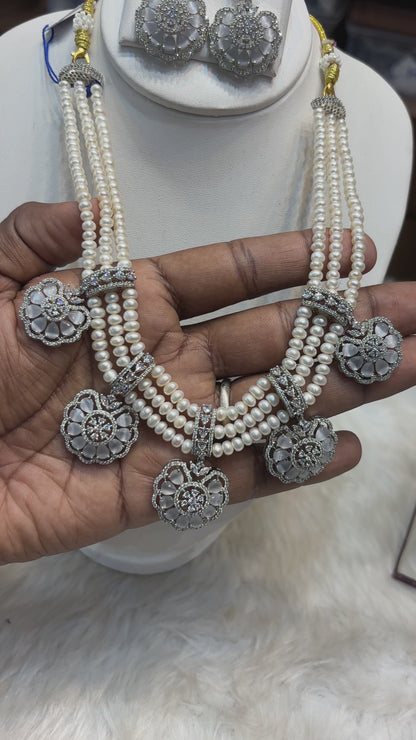 Crystal Blossom Pearl Necklace Set