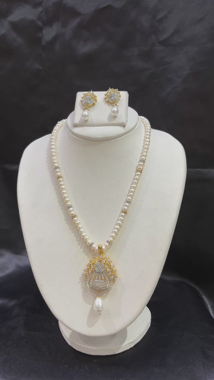Classic Pearl Necklace Set with Designer CZ Pendant – Code 50008