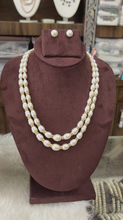 Elegant Double Layer Pearl Necklace with Stud Earrings
