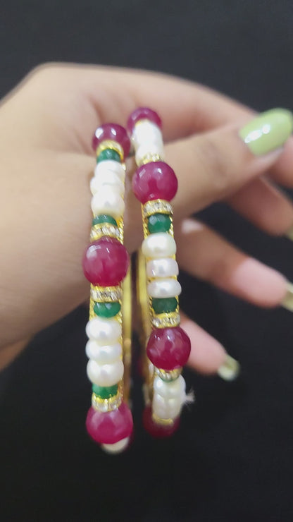 Set of 2 | Real Pearl Bangles with Gold Alloy Base (Pink & Green) | Sizes 2.2 to 2.10