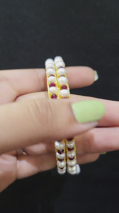 Set of 2 | Real Pearl Bangles with Gold Alloy Base (Small Beads) | Sizes 2.2 to 2.10