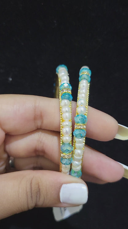 Set of 2 | Real Pearl Bangles with Blue Beads (Gold Alloy Base) | Sizes 2.2 to 2.10