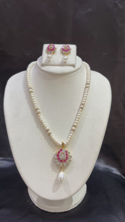 Freshwater Pearl Necklace Set with Ruby Pink CZ Pendant – Code 50012