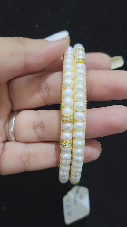 Set of 2 | Real Pearl Bangles | Pure White Pearls (Gold Alloy Base) | Sizes 2.2 to 2.10