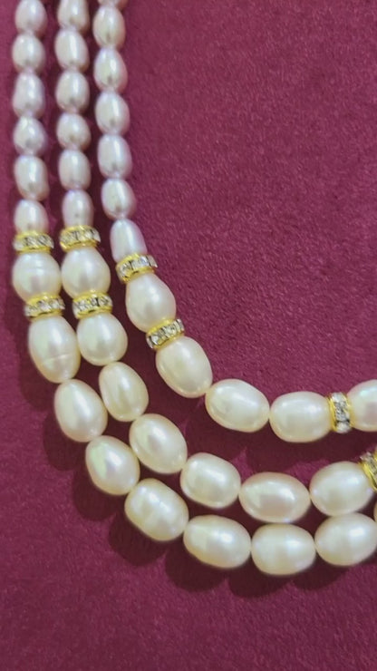 Triple Layer Freshwater Real Pearl Necklace with Floral Earrings