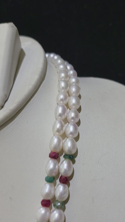 Premium Real Pearls Necklace | White Pearls & Red-Green Beads