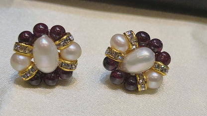 Real Pearl Garnet flower Earrings