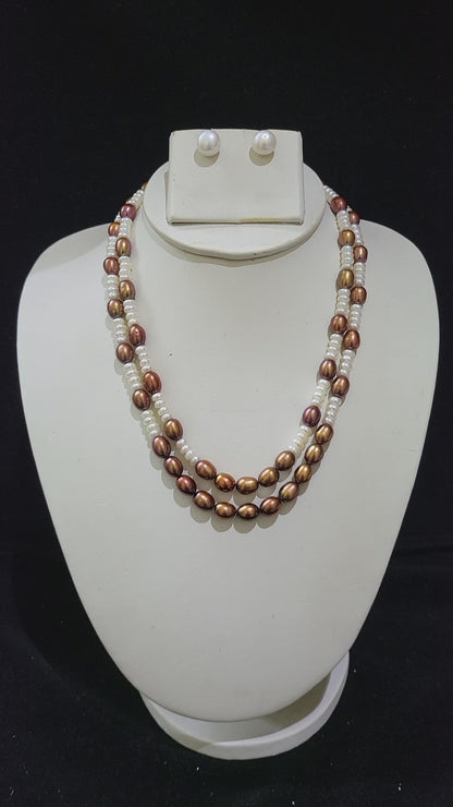 Double Layer Real Pearls Necklace | White & Brown Pearls