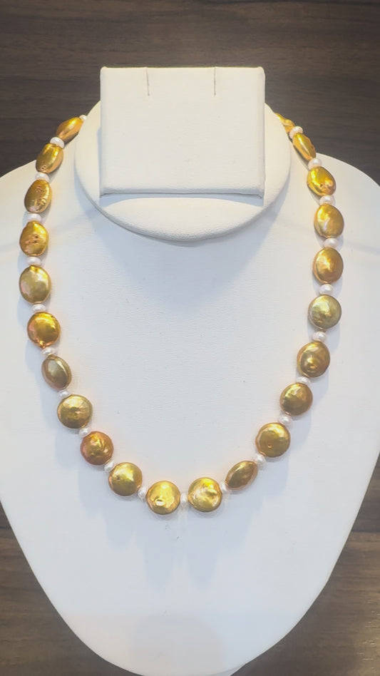 Golden coin pearl necklace