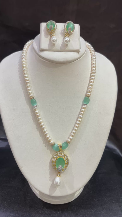 Pearl Necklace Set with Mint Green Stone Pendant & Earrings – Code 50031