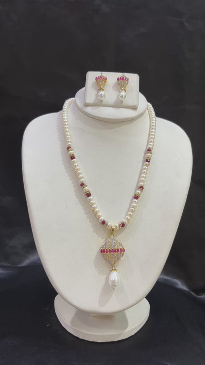 Freshwater Pearl Necklace Set with Ruby Pink CZ Pendant – Code 50013