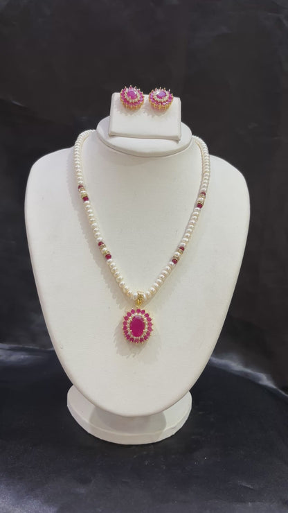 Freshwater Pearl Necklace Set with Ruby Floral Pendant – Code 50017