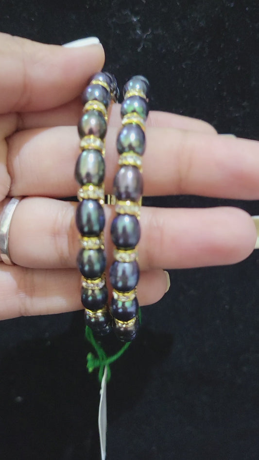 Set of 2 | Real Black Pearl Bangles (Gold Alloy Base) | Sizes 2.2 to 2.10