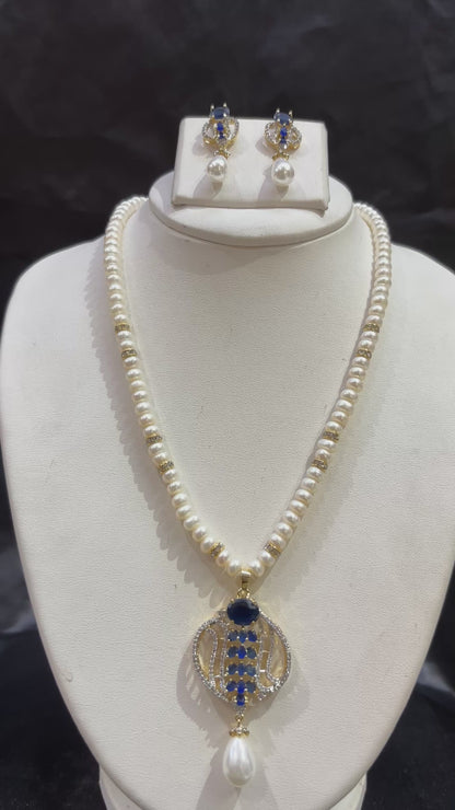 Freshwater Pearl Necklace Set with Royal Blue Designer Pendant – Code 50028