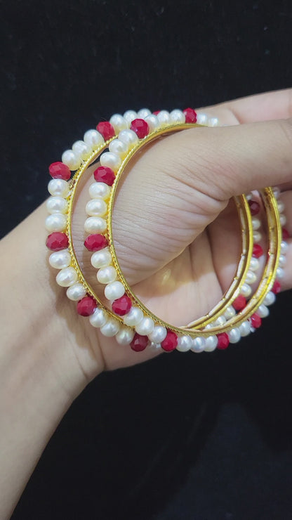 Set of 2 | Real Pearl Bangles with Red Beads (Gold Alloy Base) | Sizes 2.2 to 2.10