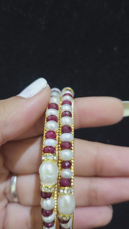 Set of 2 | Real Pearl Bangles with Maroon Beads (Gold Alloy Base) | Sizes 2.2 to 2.10