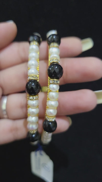 Set of 2 | Real Pearl Bangles with Black Beads (Gold Alloy Base) | Sizes 2.2 to 2.10