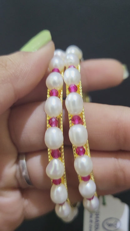 Set of 2 | Real Pearl Bangles with Gold Alloy Base (Pink Small Beads) | Sizes 2.2 to 2.10