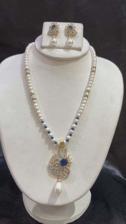 Pearl Necklace Set with Royal Blue Stone Designer Pendant & Earrings – Code 50040