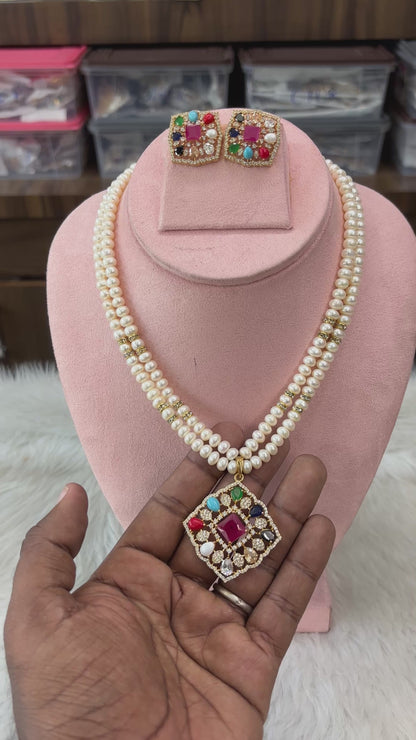 Navratna Pearl Necklace Set with Earrings