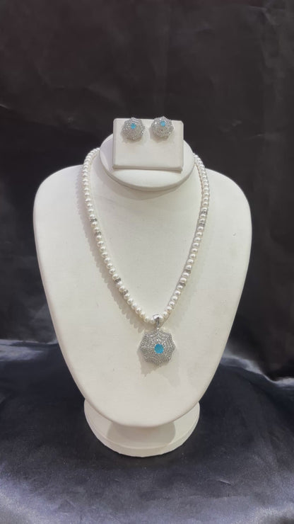 Freshwater Pearl Necklace Set with Sky Blue CZ Pendant – Code 50015