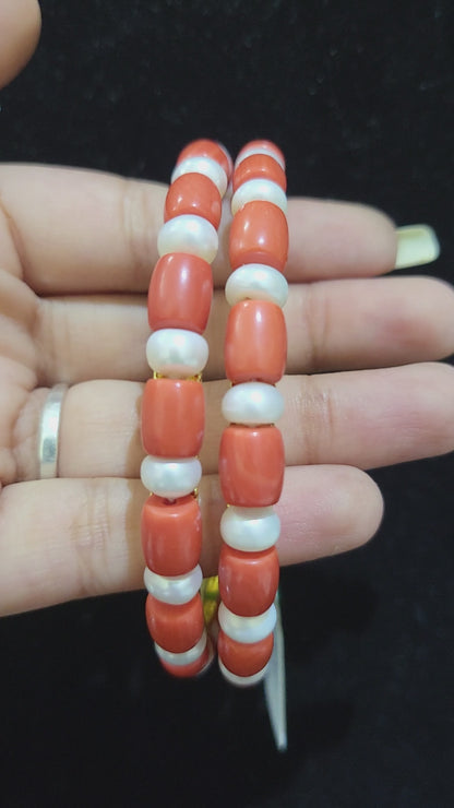 Set of 2 | Real Pearl Bangles with Coral Beads (Gold Alloy Base) | Sizes 2.2 to 2.10