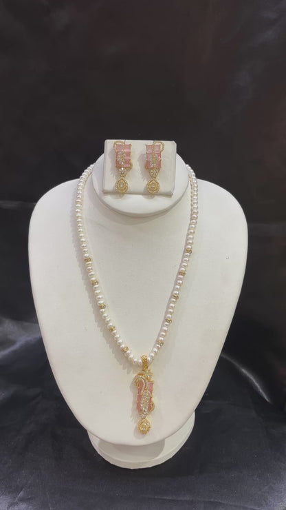 Freshwater Pearl Necklace Set with Blush Pink CZ Pendant – Code 50010