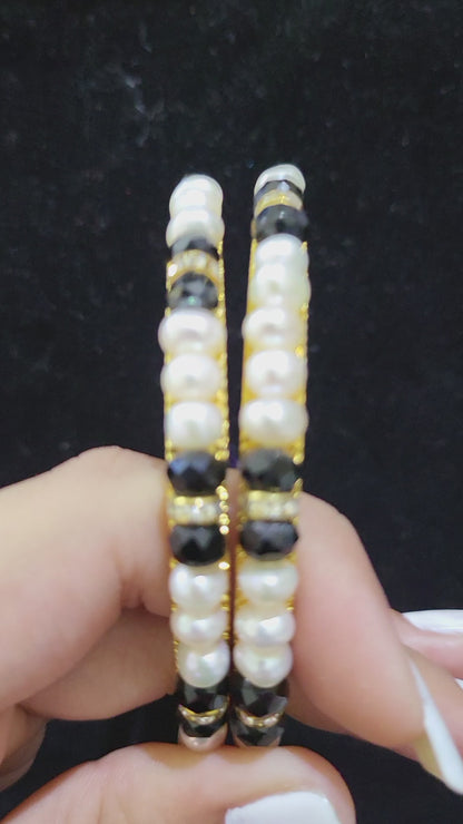 Set of 2 | Real Pearl Bangles with Black Beads (Gold Alloy Base) | Sizes 2.2 to 2.10