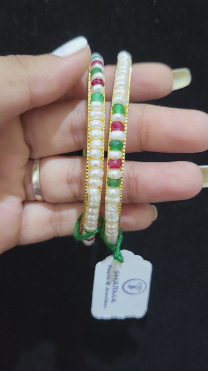 Set of 2 | Real Pearl Bangles with Red & Green Beads (Gold Alloy Base) | Sizes 2.2 to 2.10