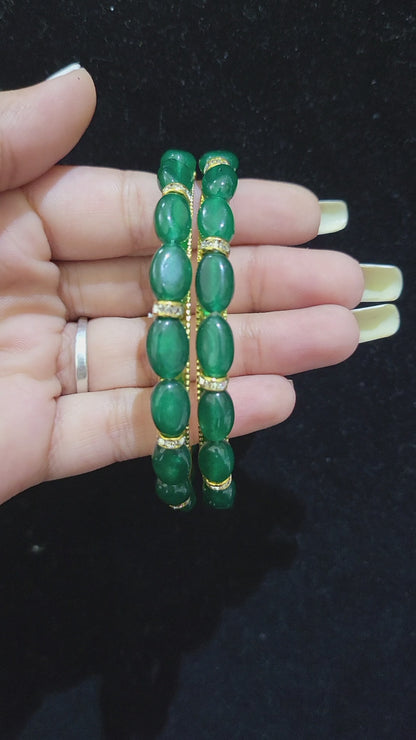 Set of 2 | Green Onax Bangles (Gold Alloy Base) | Sizes 2.2 to 2.10