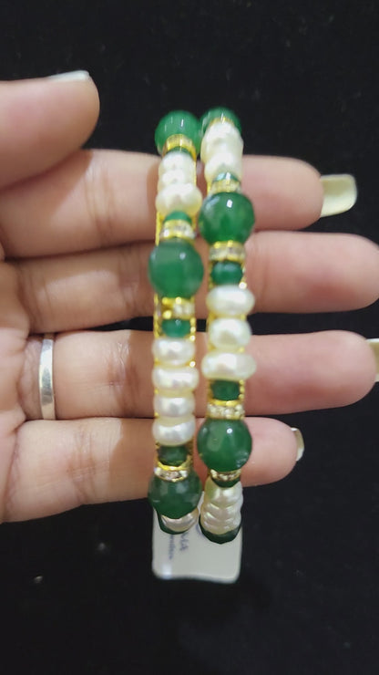 Set of 2 | Real Pearl Bangles White with Green Beads (Gold Alloy Base) | Sizes 2.2 to 2.10