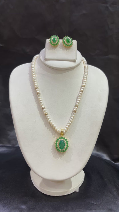 Freshwater Pearl Necklace Set with Emerald Green Halo Pendant – Code 50019
