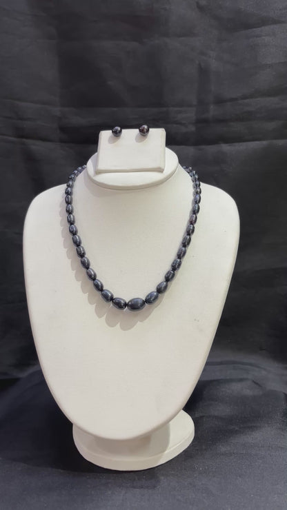 Premium Black Oval Freshwater Pearl Necklace Set – Code 50060