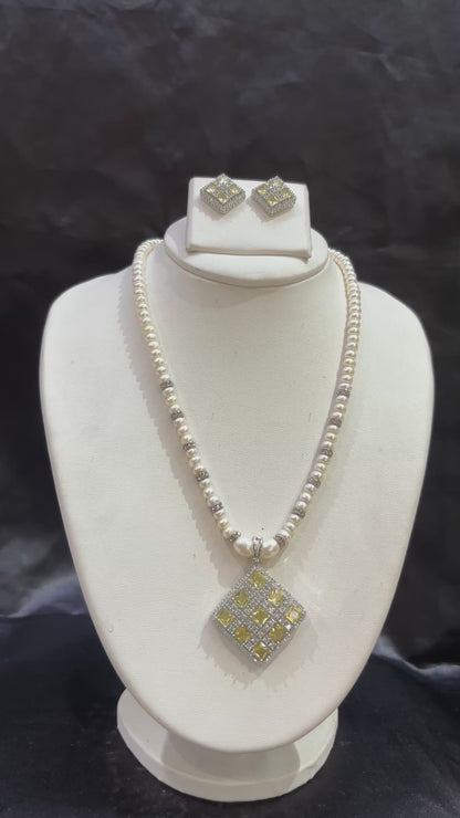 Freshwater Pearl Necklace Set with Yellow Crystal Designer Pendant – Code 50026