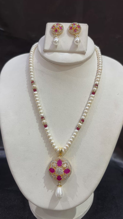 Pearl Necklace Set with Ruby Pink Stone Pendant & Earrings – Code 50033