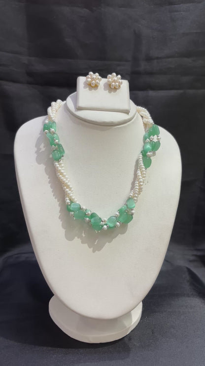 Multi-Strand Freshwater Pearl & Green Jade Necklace Set – Code 50058
