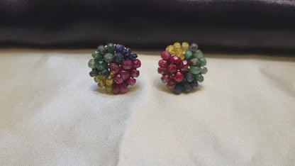 Gem Stones Multi Colour Ruby Emerald Sapphire Beads Earrings