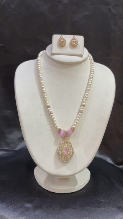 Freshwater Pearl Necklace Set with Blush Pink Designer Pendant – Code 50023