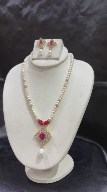 Ruby Red Stone Freshwater Pearl Pendant Necklace Set – Code 50007