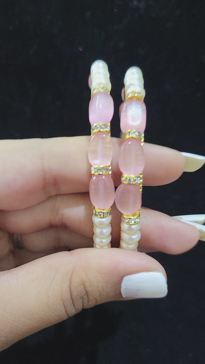 Set of 2 | Real Pearl Bangles with Pink Beads (Gold Alloy Base) | Sizes 2.2 to 2.10