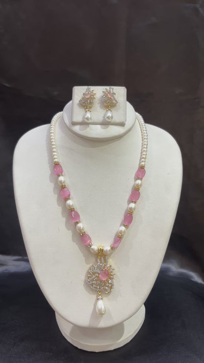Pink Stone Freshwater Pearl Necklace Set with Designer Pendant – Code 50011