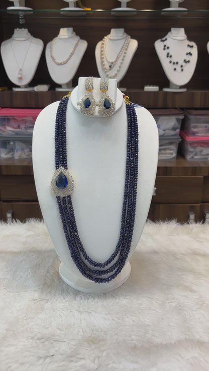 Royal Blue Sapphire Beaded Necklace Set with Diamond Studded Pendant & Earrings
