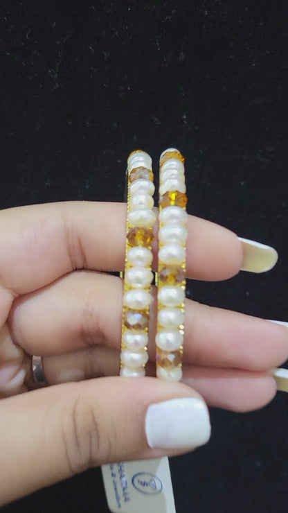 Set of 2 | Real Pearl Bangles with Yellow Beads (Gold Alloy Base) | Sizes 2.2 to 2.10