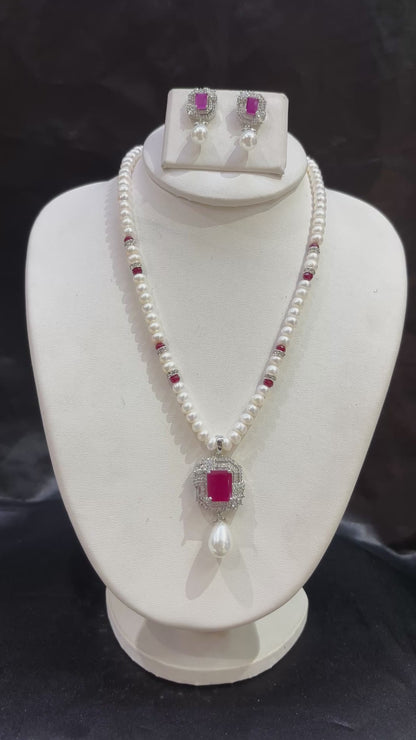 Freshwater Pearl Necklace Set with Ruby Red CZ Pendant – Code 50021