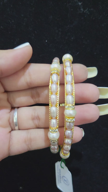 Set of 2 | Real Peach Pearl Bangles (Gold Alloy Base) | Sizes 2.2 to 2.10