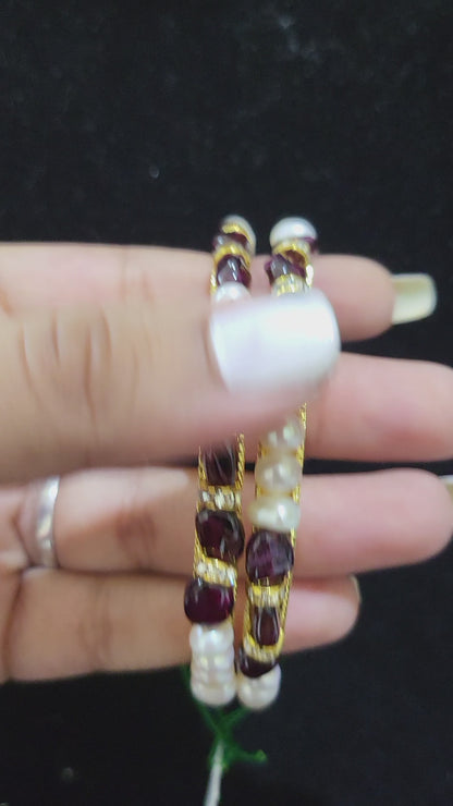 Set of 2 | Real Pearl Bangles White with Garnet Beads (Gold Alloy Base) | Sizes 2.2 to 2.10