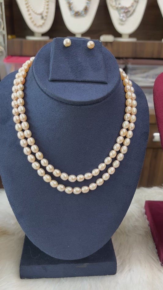 Classic Double Layer Pearl Necklace with Stud Earrings